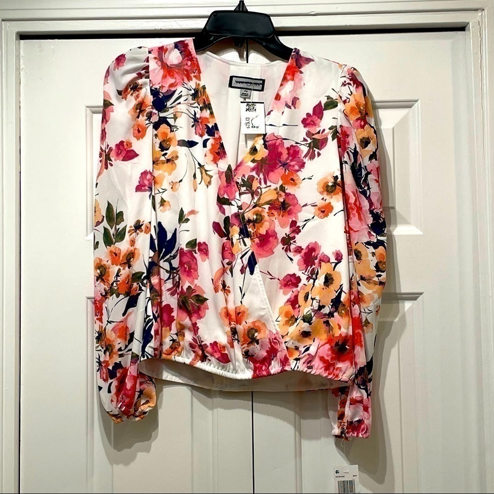 Sam & Jess V neck Shirt floral blouse Long Sleeves Loose Fit Office career PS